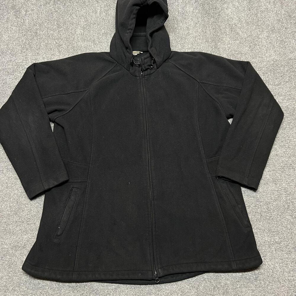 Duluth Fleece Coat Womens XL Black Hooded Full Zip Mid Length Pockets Lined Warm